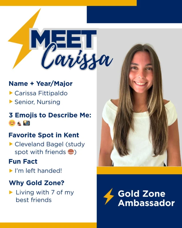 Left-handed, right where she belongs. 💛
Meet Carissa, building friendship + community as a Gold Zone Ambassador. 👋
@carissafittipaldo

#LifeatGoldZone #GoldZoneAmbassadors #KentState