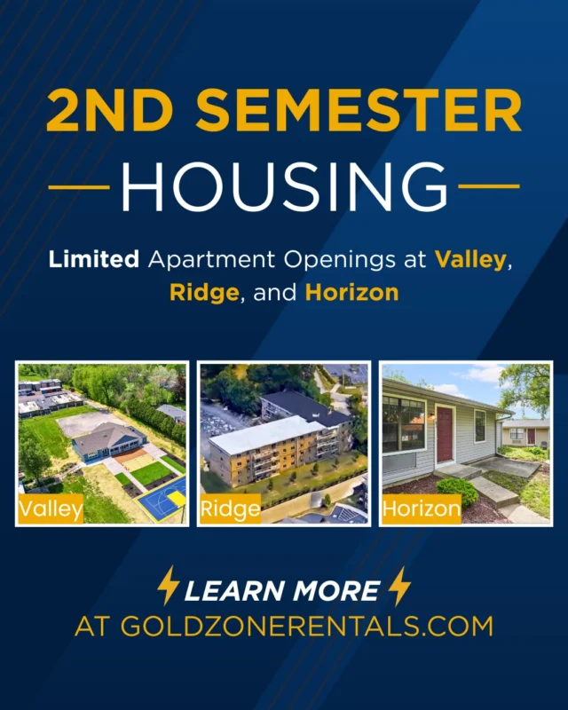 Need housing for second semester?
Valley, Ridge, and Horizon all have limited apartment openings.
Lock yours in while they’re still available. Link in bio.

#GoldZoneRentals #KentState #KSU #StudentHousing #SecondSemester #KentOhio